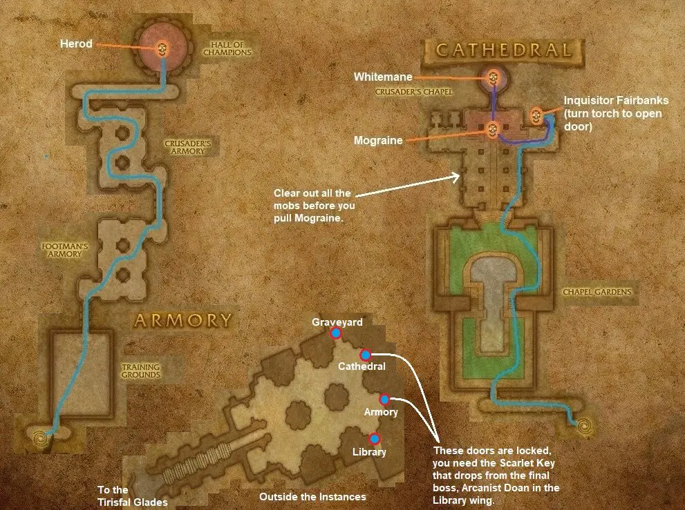 WoW Classic Dungeon Maps For Tanks - Lead Your Party To Victory! 20 SM Armory Cathedral entrance walkthrough map
